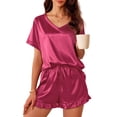 thumbnail image 1 of DAKIMOE Silk Satin Pajamas for Women Short Sleeve Sleepwear Two Piece Pj Sets with Ruffled Shorts Casual Loungewear, Rose Red, XL, 1 of 10