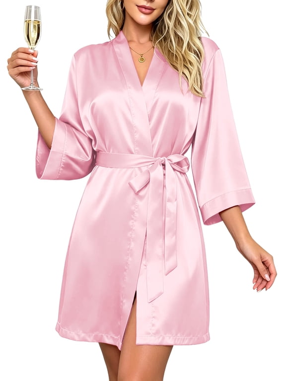 Silk Satin Robes for Women Bride Bridesmaid Party 3/4 Sleeve Sexy Short Bath Robe Comfy Sleepwear Loungewear Nightwear for Womens, Pure Pink, XXL