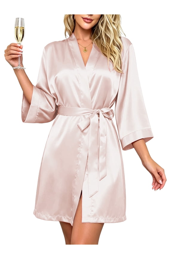 Silk Satin Robes for Women Bride Bridesmaid Party 3/4 Sleeve Sexy Short Bath Robe Comfy Sleepwear Loungewear Nightwear for Womens