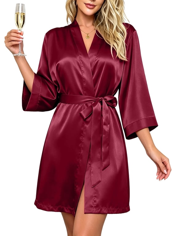 Silk Satin Robes for Women Bride Bridesmaid Party 3/4 Sleeve Sexy Short Bath Robe Comfy Sleepwear Loungewear Nightwear for Womens, Pure Red, L