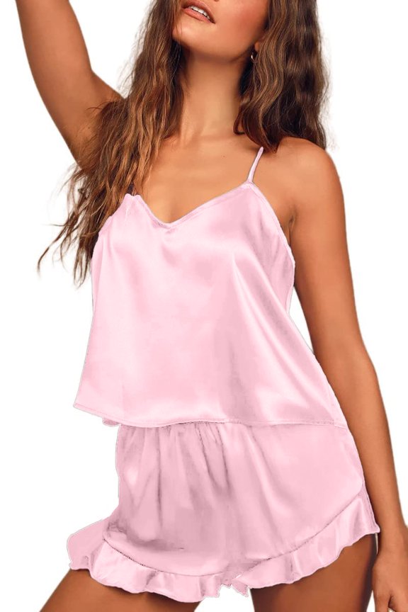 Silk Stain Pajamas Set for Women 2 Piece Pjs Sets Adjustable Cami Top and Shorts with Ruffle Nightwear