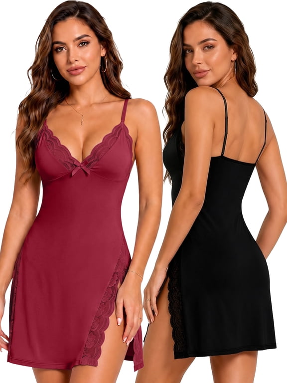 Lingerie Set for Women 2PC Sexy Nightgowns Lace Chemise Babydoll Women Lingerie with Side Slits S-2XL