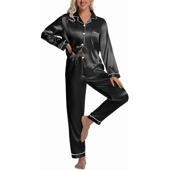DAKIMOE Sleepwear Womens Silky Satin Pajamas Set Long Sleeve Nightwear Loungewear, Black, M