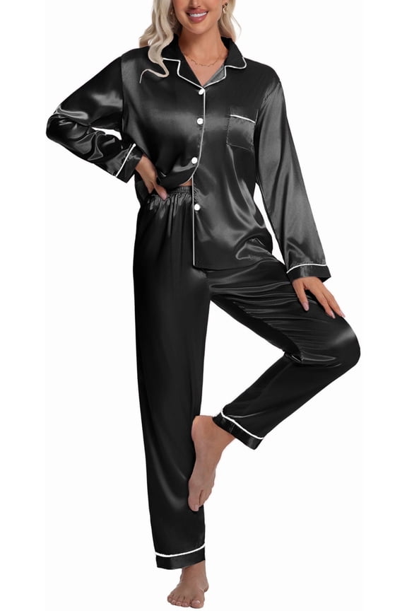 Sleepwear Womens Silky Satin Pajamas Set Long Sleeve Nightwear Loungewear, Black, M