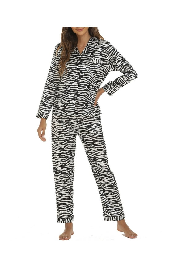 Sleepwear Womens Silky Satin Pajamas Set Long Sleeve Nightwear Loungewear, Black White, L