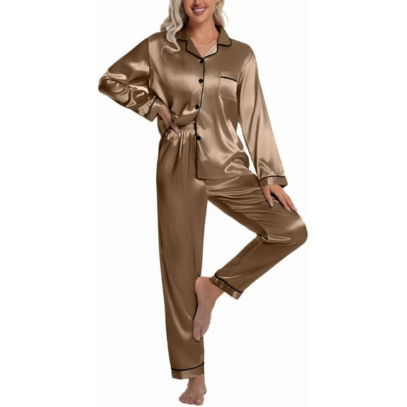 DAKIMOE Sleepwear Womens Silky Satin Pajamas Set Long Sleeve Nightwear Loungewear, Brown, XXL