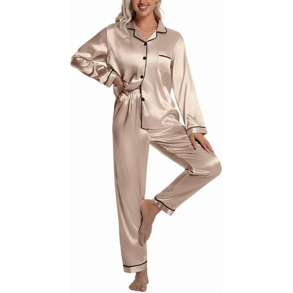 DAKIMOE Sleepwear Womens Silky Satin Pajamas Set Long Sleeve Nightwear Loungewear, Champagne, M
