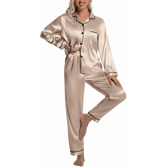 DAKIMOE Sleepwear Womens Silky Satin Pajamas Set Long Sleeve Nightwear Loungewear, Champagne, S