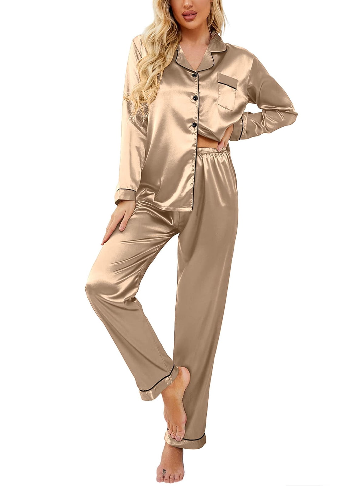 DAKIMOE Sleepwear Womens Silky Satin Pajamas Set Long Sleeve Nightwear
