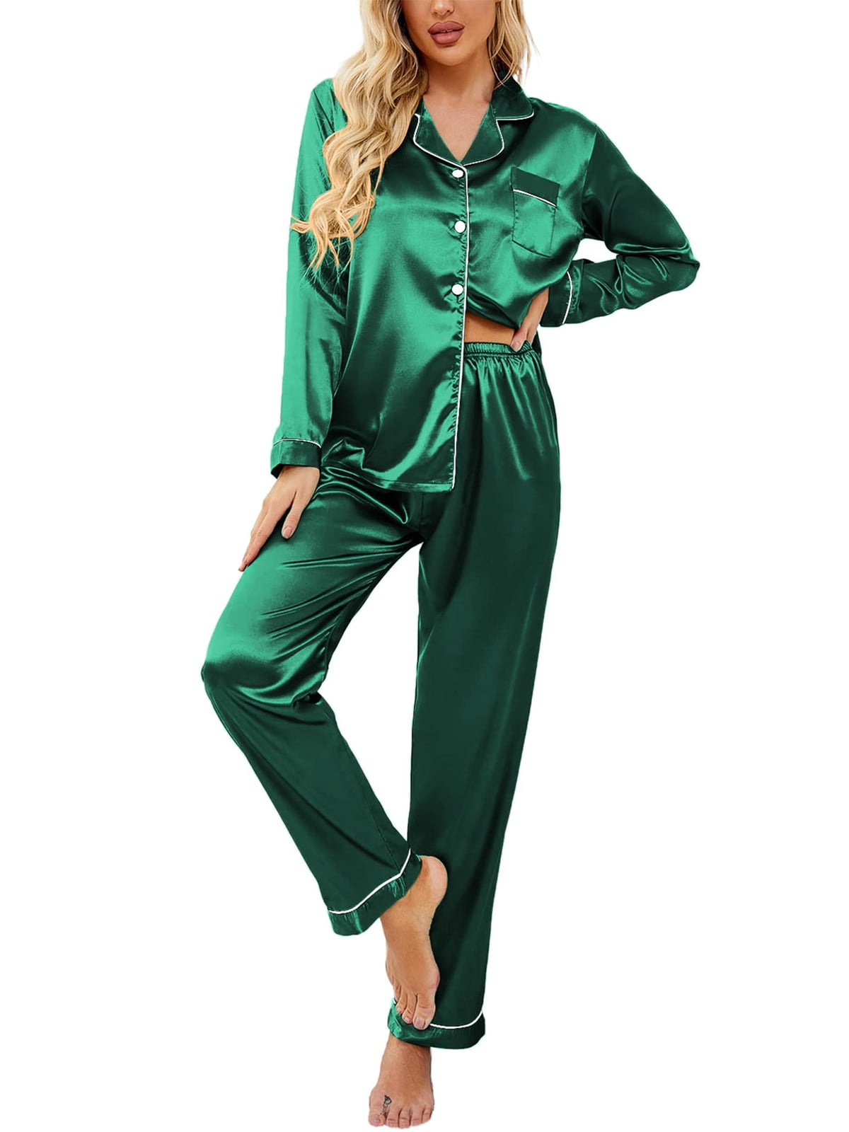 DAKIMOE Sleepwear Womens Silky Satin Pajamas Set Long Sleeve Nightwear ...