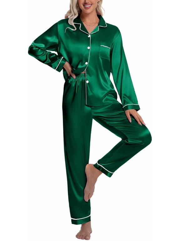 Sleepwear Womens Silky Satin Pajamas Set Long Sleeve Nightwear Loungewear, Green, M