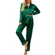 DAKIMOE Sleepwear Womens Silky Satin Pajamas Set Long Sleeve Nightwear Loungewear, Green, M