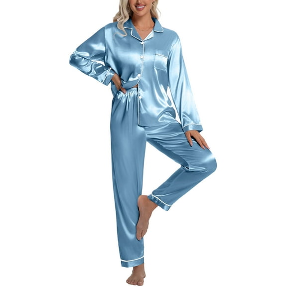 DAKIMOE Sleepwear Womens Silky Satin Pajamas Set Long Sleeve Nightwear Loungewear, Light Blue, M