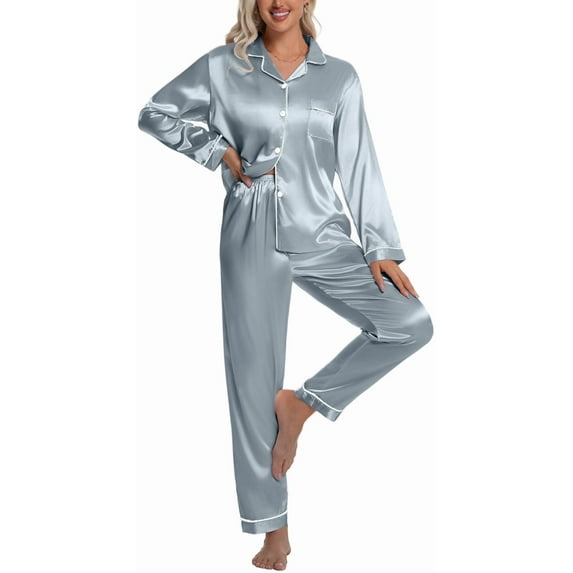 DAKIMOE Sleepwear Womens Silky Satin Pajamas Set Long Sleeve Nightwear Loungewear, Light Blue, XL