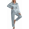 thumbnail image 1 of DAKIMOE Sleepwear Womens Silky Satin Pajamas Set Long Sleeve Nightwear Loungewear, Light Blue, XXL, 1 of 8