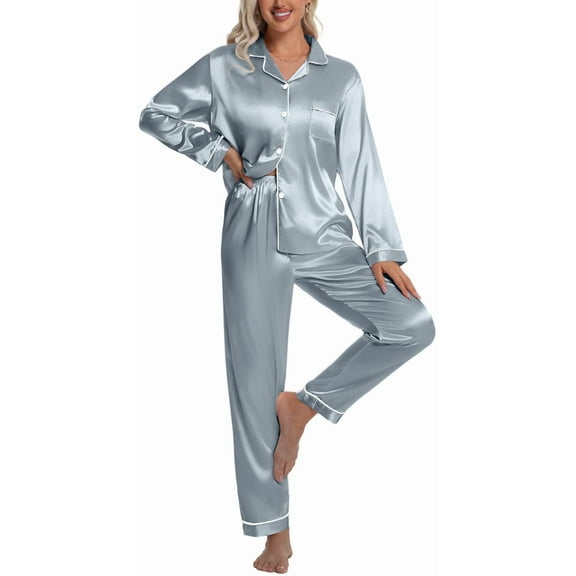 DAKIMOE Sleepwear Womens Silky Satin Pajamas Set Long Sleeve Nightwear Loungewear, Light Blue, XXL