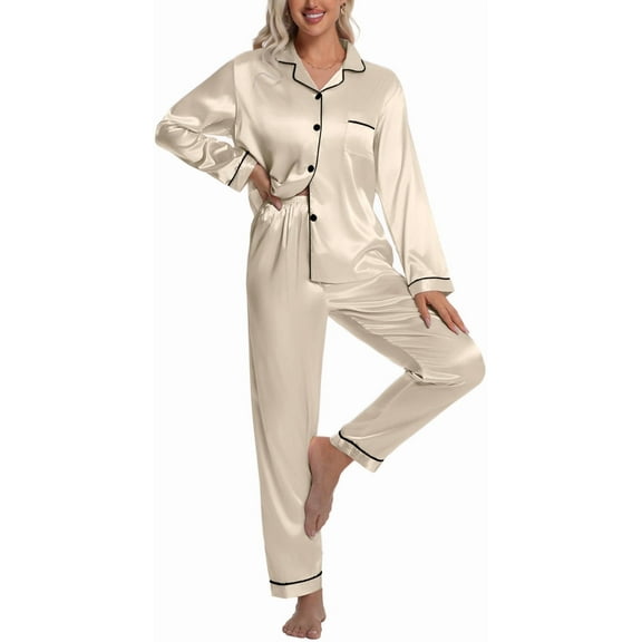 DAKIMOE Sleepwear Womens Silky Satin Pajamas Set Long Sleeve Nightwear Loungewear, Light Champagne, M