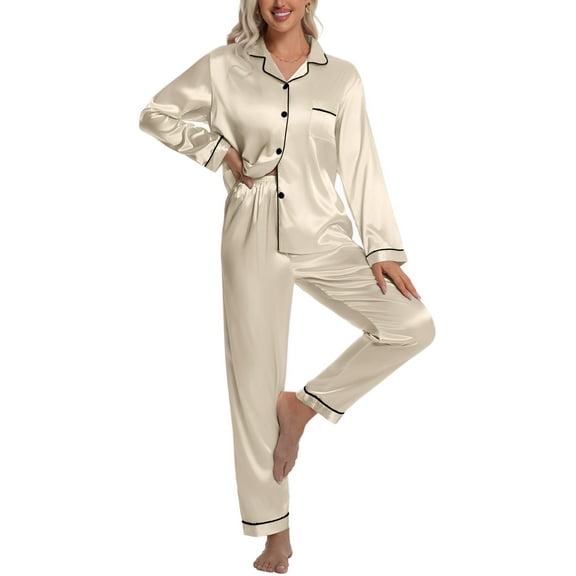 DAKIMOE Sleepwear Womens Silky Satin Pajamas Set Long Sleeve Nightwear Loungewear, Light Champagne, S