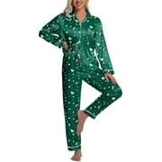 DAKIMOE Silk Satin Pajamas Set Womens Christmas Pajamas Long Sleepwear Button Down 2 Piece Classic Soft Loungewear Pjs Set