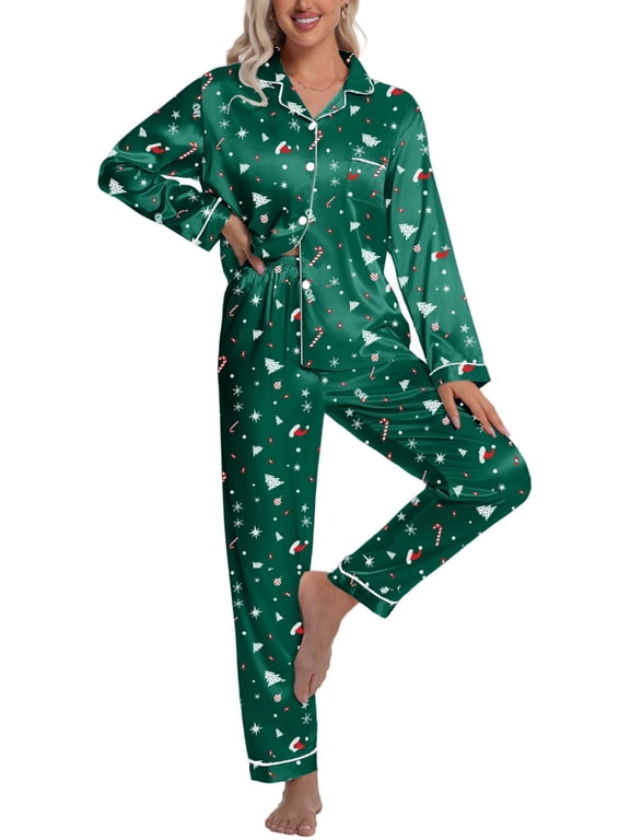 Silk Satin Pajamas Set Womens Christmas Pajamas Long Sleepwear Button Down 2 Piece Classic Soft Loungewear Pjs Set