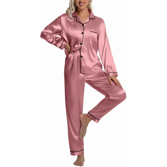 DAKIMOE Sleepwear Womens Silky Satin Pajamas Set Long Sleeve Nightwear Loungewear, Light Pink, S