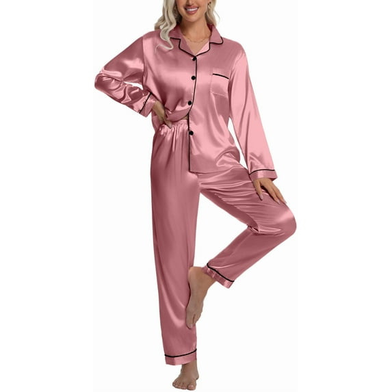 DAKIMOE Sleepwear Womens Silky Satin Pajamas Set Long Sleeve Nightwear Loungewear, Light Pink, XL