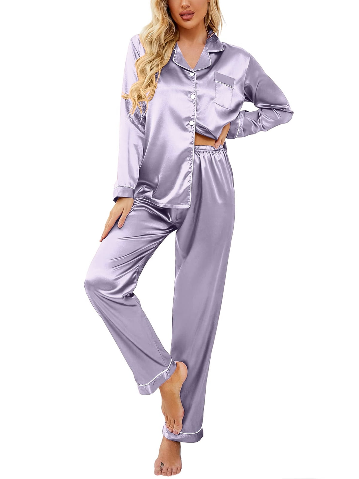 DAKIMOE Sleepwear Womens Silky Satin Pajamas Set Long Sleeve Nightwear  Loungewear, Light Purple, S 