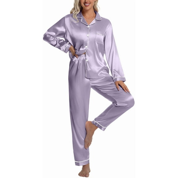 DAKIMOE Sleepwear Womens Silky Satin Pajamas Set Long Sleeve Nightwear Loungewear, Light Purple, XXL