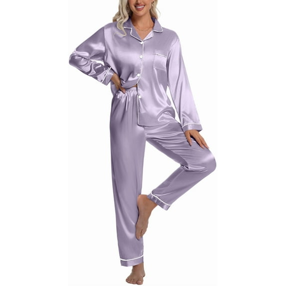 DAKIMOE Sleepwear Womens Silky Satin Pajamas Set Long Sleeve Nightwear Loungewear, Light Purple, XXL