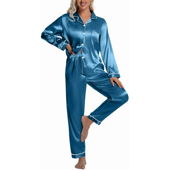 DAKIMOE Sleepwear Womens Silky Satin Pajamas Set Long Sleeve Nightwear Loungewear, Peacock Blue, XL