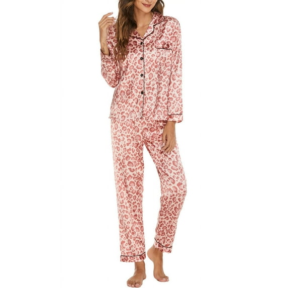 DAKIMOE Sleepwear Womens Silky Satin Pajamas Set Long Sleeve Nightwear Loungewear, Pink Leopard Print, XL