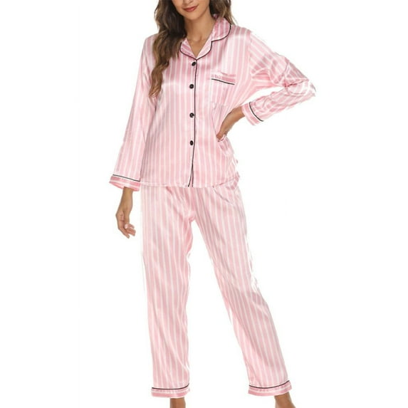 DAKIMOE Sleepwear Womens Silky Satin Pajamas Set Long Sleeve Nightwear Loungewear, Pink Stripe, XL