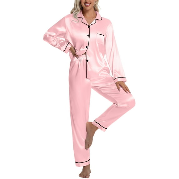 DAKIMOE Sleepwear Womens Silky Satin Pajamas Set Long Sleeve Nightwear Loungewear, Pink, XL