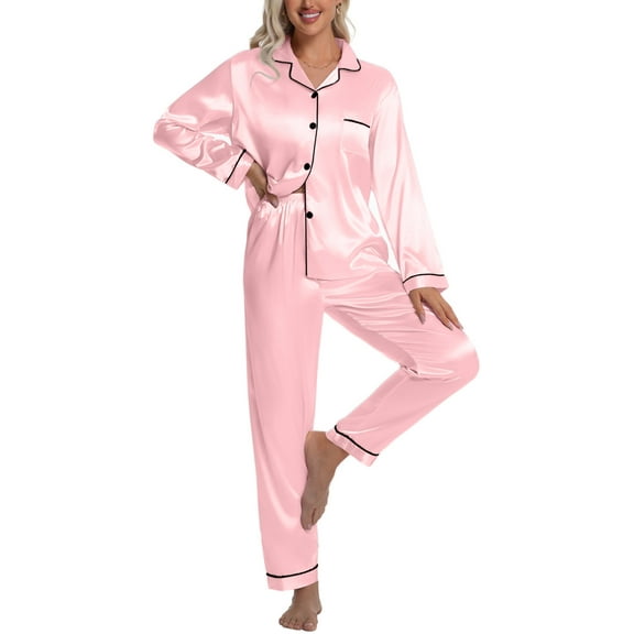 DAKIMOE Sleepwear Womens Silky Satin Pajamas Set Long Sleeve Nightwear Loungewear, Pink, XL