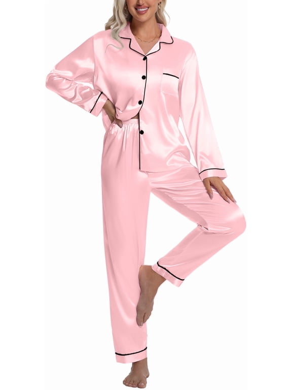 Sleepwear Womens Silky Satin Pajamas Set Long Sleeve Nightwear Loungewear, Pink, XXL