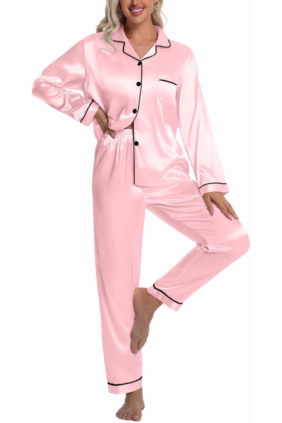 Sleepwear Womens Silky Satin Pajamas Set Long Sleeve Nightwear Loungewear, Pink, XXL