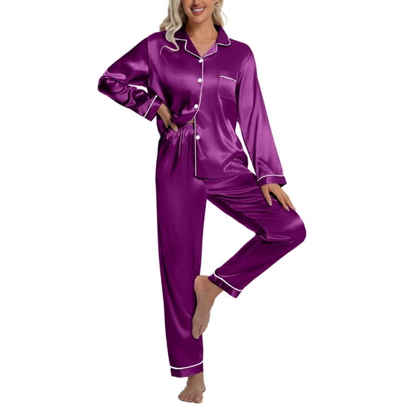 DAKIMOE Sleepwear Womens Silky Satin Pajamas Set Long Sleeve Nightwear Loungewear, Purple, L