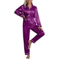 thumbnail image 1 of DAKIMOE Sleepwear Womens Silky Satin Pajamas Set Long Sleeve Nightwear Loungewear, Purple, XL, 1 of 8