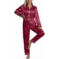 thumbnail image 1 of DAKIMOE Sleepwear Womens Silky Satin Pajamas Set Long Sleeve Nightwear Loungewear, Red, L, 1 of 8