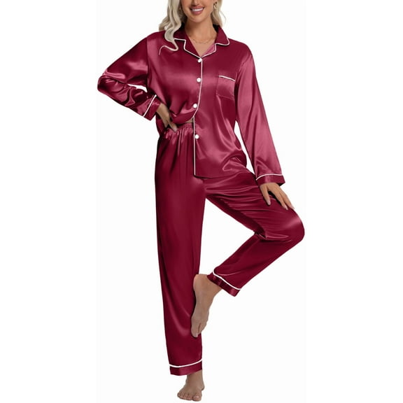DAKIMOE Sleepwear Womens Silky Satin Pajamas Set Long Sleeve Nightwear Loungewear, Red, L