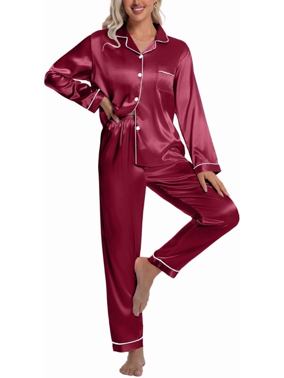 Sleepwear Womens Silky Satin Pajamas Set Long Sleeve Nightwear Loungewear, Red, L