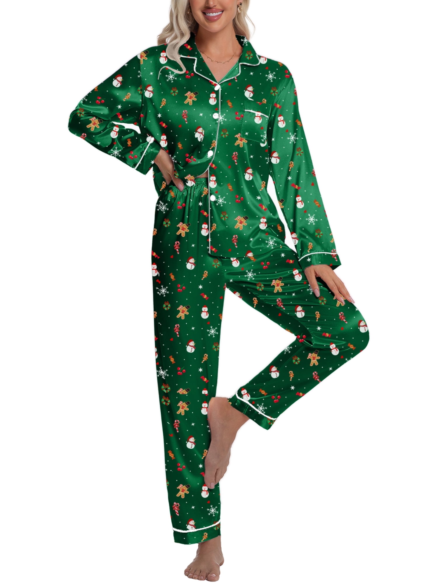 Silk Satin Pajamas Set Womens Christmas Pajamas Long Sleepwear Button Down 2 Piece Classic Soft Loungewear Pjs Set