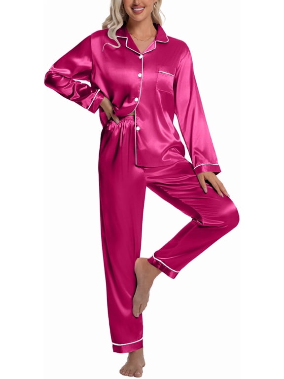 Sleepwear Womens Silky Satin Pajamas Set Long Sleeve Nightwear Loungewear, Rose Red, M