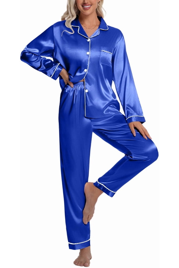 Sleepwear Womens Silky Satin Pajamas Set Long Sleeve Nightwear Loungewear, Royal Blue, M