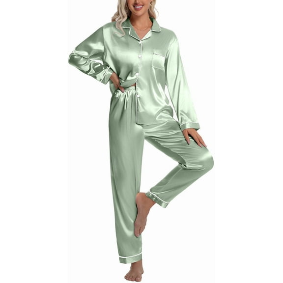 DAKIMOE Sleepwear Womens Silky Satin Pajamas Set Long Sleeve Nightwear Loungewear, Sage Green, XL