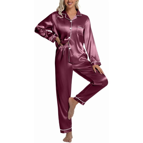 DAKIMOE Sleepwear Womens Silky Satin Pajamas Set Long Sleeve Nightwear Loungewear, Wine Red, S