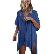 DAKIMOE Swimsuit Cover Up for Women V Neck Loose Beach Bathing Suit Cover up Summer Swim Coverup Swimwear Crochet Dress for Beach Pool, Blue-L1