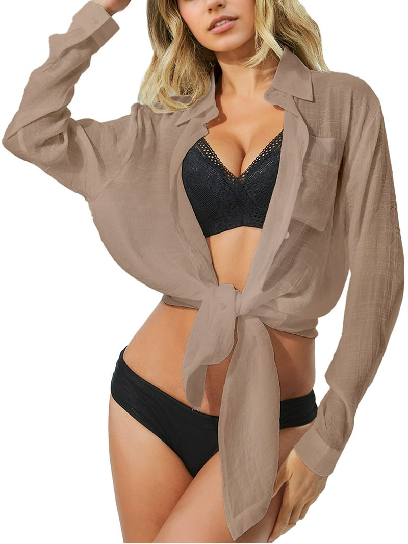 DAKIMOE Lightweight Swimsuit Cover Up, V Neck, Long Sleeve, Loose