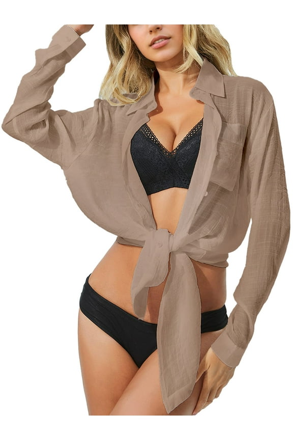 Swimsuit Cover up for Women Bathing Suit Cover up V Neck Long Sleeve Loose Beach Cover up Bikini Bathing Beach Sundress Summer Dress Button Down Shirt, Beige