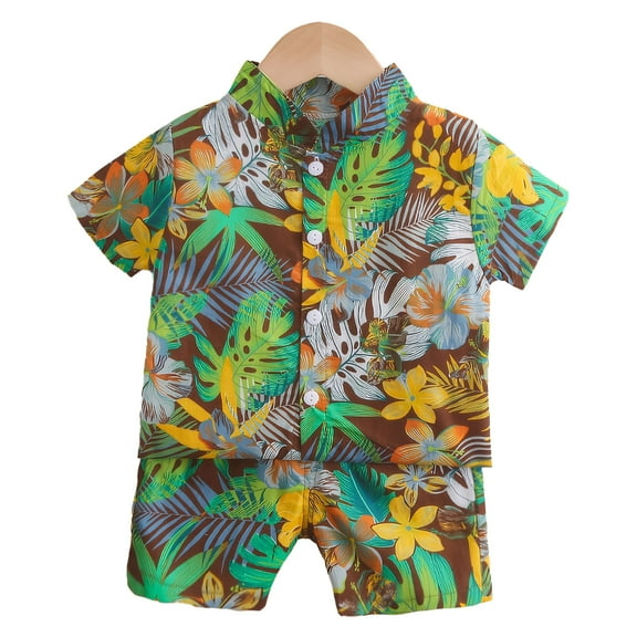 DAKIMOE Toddler Boy Clothes Boys Hawaiian Short Sleeve Button down Shirt Shorts Suit Leaf Floral Flower Summer Baby Boy Outfit, Green, 5-6Y